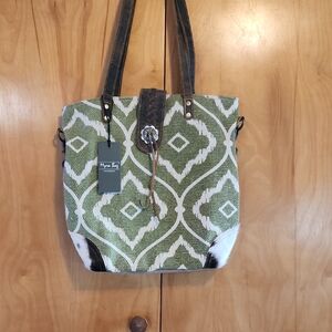 Myra Bag Green and White Patterned Tote
